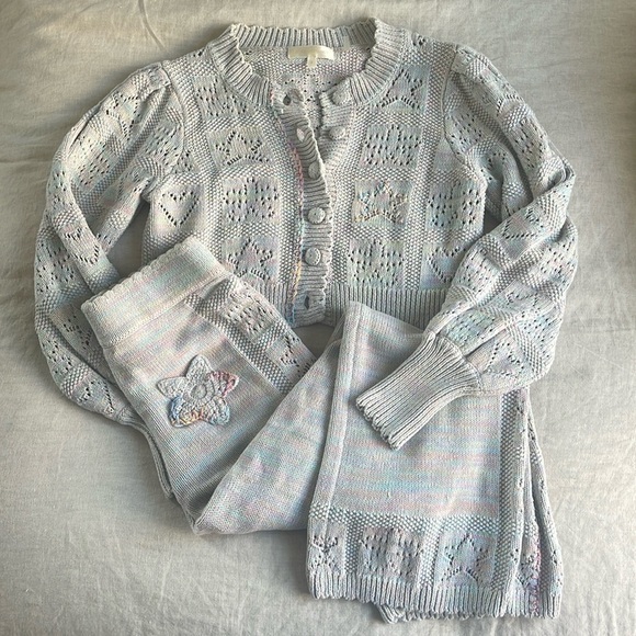 LoveShackFancy Sweaters - LoveShackFancy Matching Antique Pastel Rainbow Knit Set, Size S Top & XS bottom